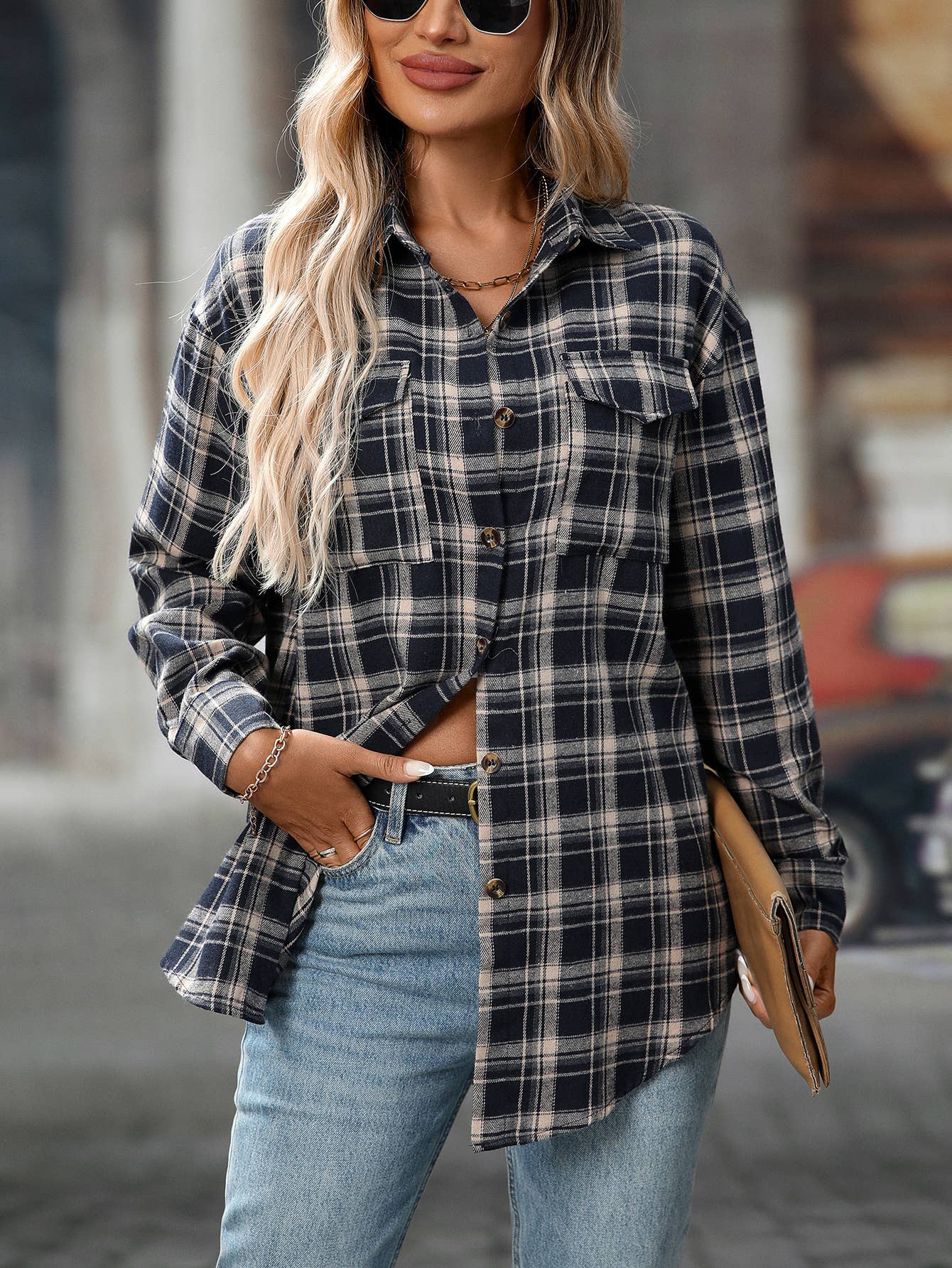 FULL TIME PURCHASE - Wholesale Button Down Shirt - Women's - Plaid Print Chest Pockets Buttoned Shirt5