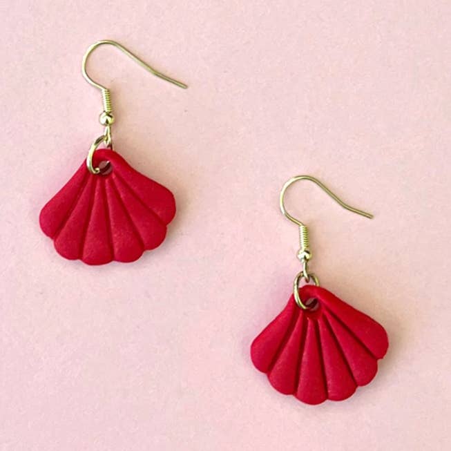 Red Gold Scallop Shell Polymer Clay Dangle Handmade Earrings for wholesale by Lin Clay Studios