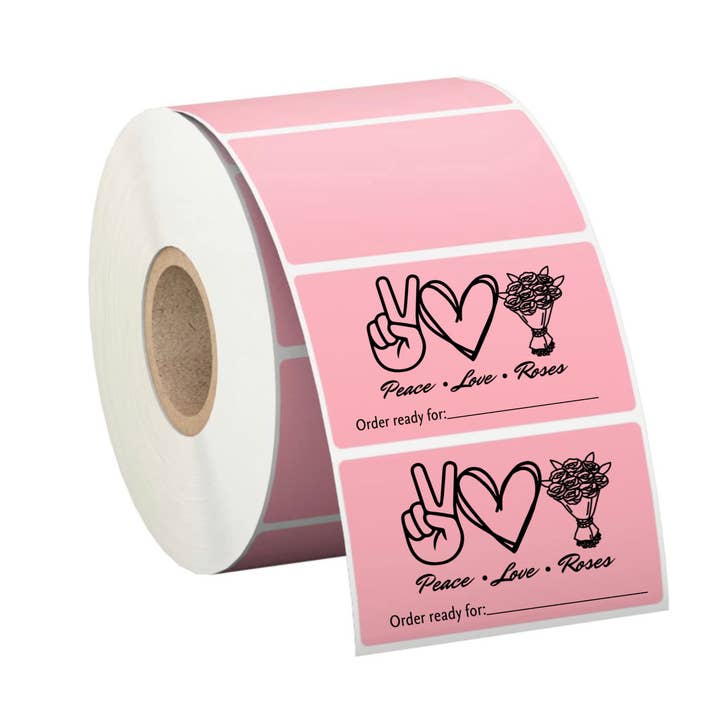 "Peace, Love, Roses" 500 packaging labels for wholesale by Unknown Designs