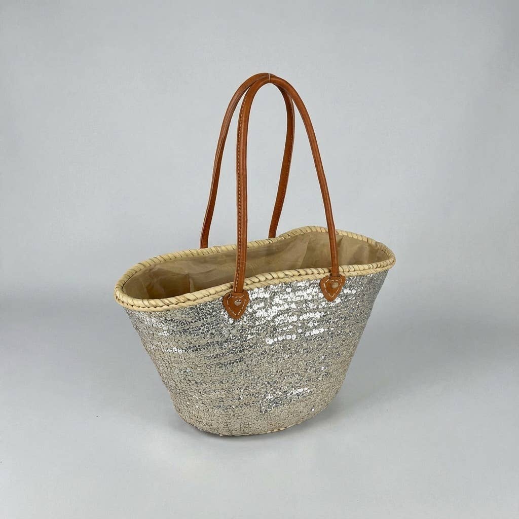 Melecraft – Engroshandel Strandtaske – Sølvglitrende palmehåndtaske, fransk markedskurv2