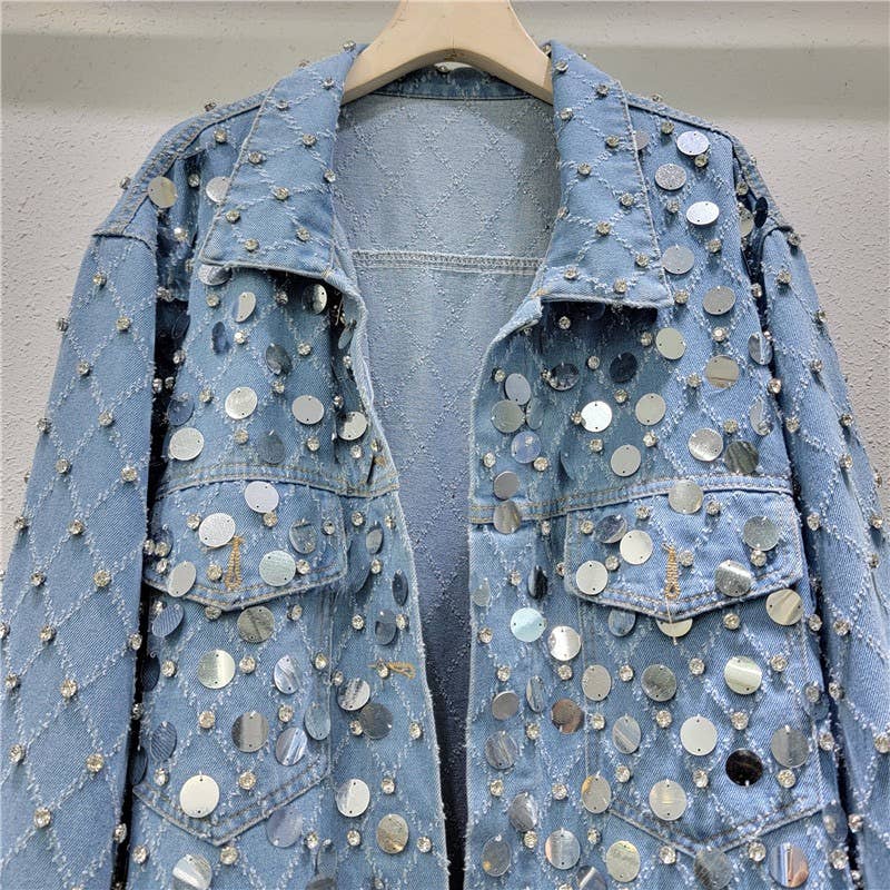 bleu Veste en jean chic avec sequins en motif diamant en vente sur Faire2