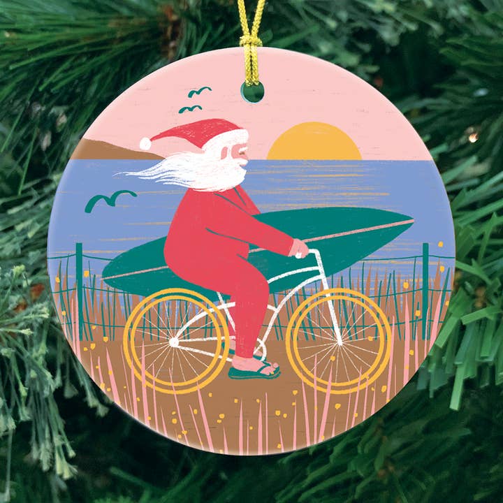 Surfer Santa Christmas Holiday Ornament for wholesale by Ruby Sneakers Studio