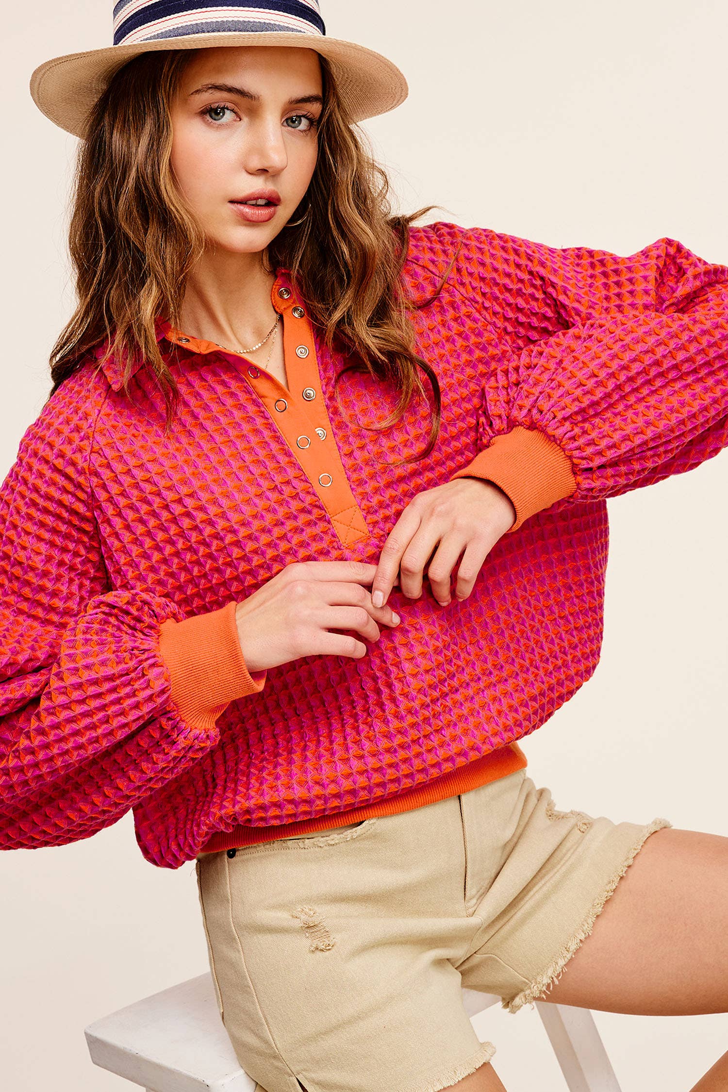 La Miel - Wholesale Sweatshirt - Women's - HCS3576-Unique Two Tone Textured Snap Button Front Top11