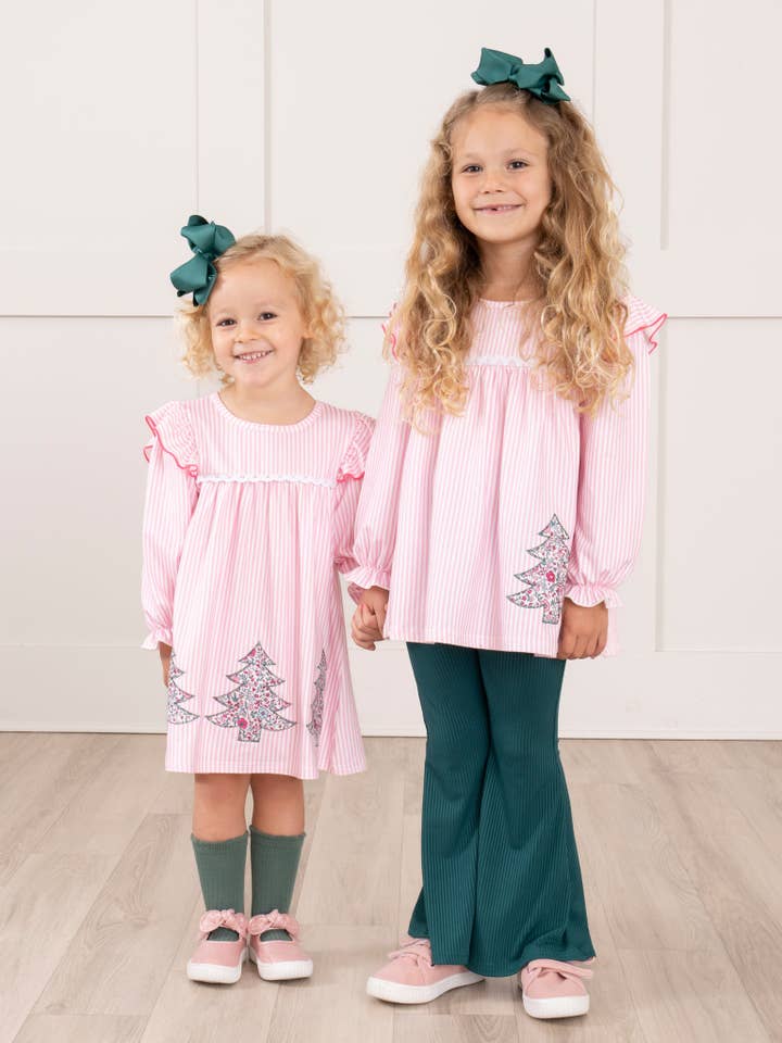 Marie Nicole Clothing - Wholesale Dress - Kids - Pink Striped Embroidered Floral Trees Ruffle Dress