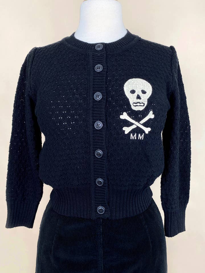 MM Skull Regular size Cropped Cardigan in Black for wholesale by Mischief Made