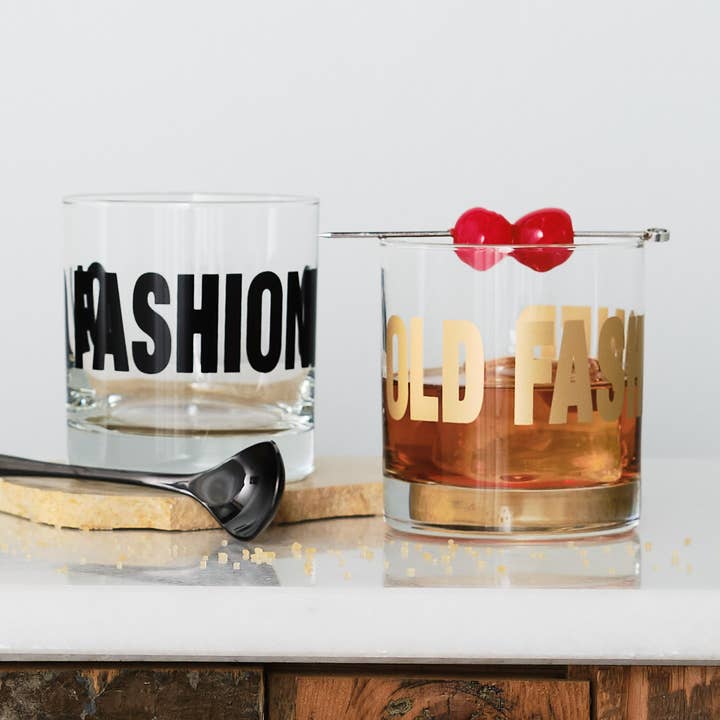 Old Fashioned Typography Rocks Glasses for wholesale by Vital Industries