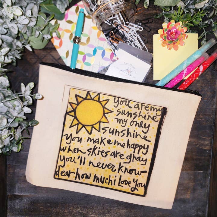 You Are My Sunshine Canvas Zip Pouch for wholesale by Julie Abbott Art