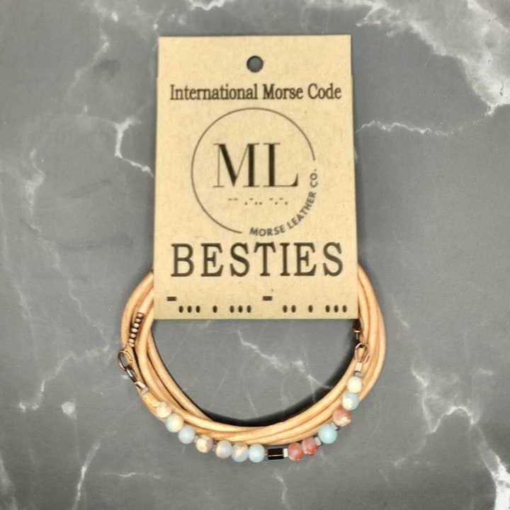 BESTIES - Morse Code - Leather Wrap Bracelet - cream,blue for wholesale by MorseLeather Co.