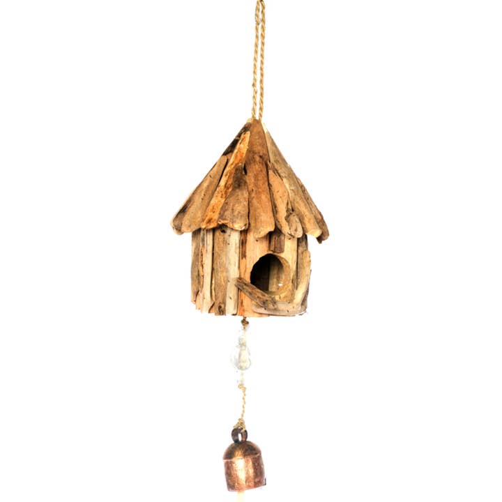 Med. Wood Bird House/Beads & Bell for wholesale by Moksha Imports