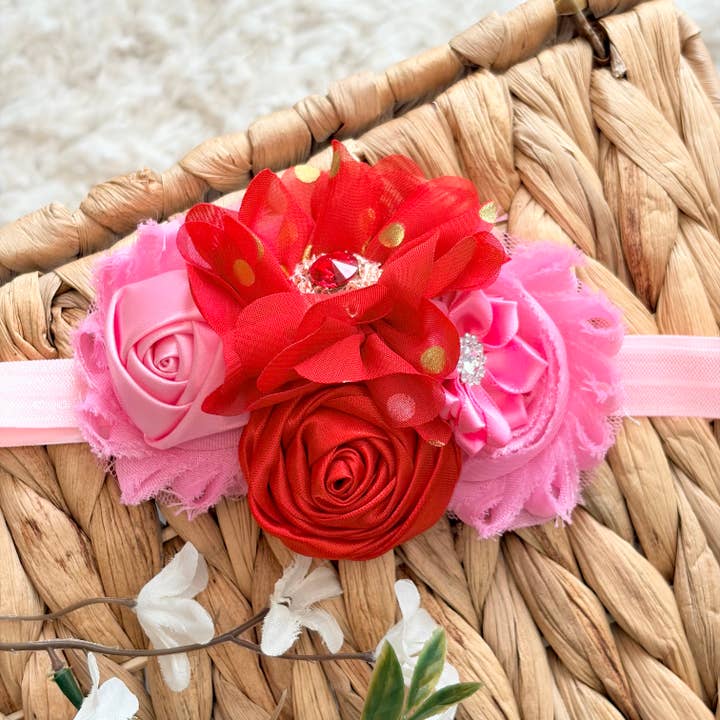 Baby pink and red vintage headband, shabby baby headband for wholesale by Jazy and Eve