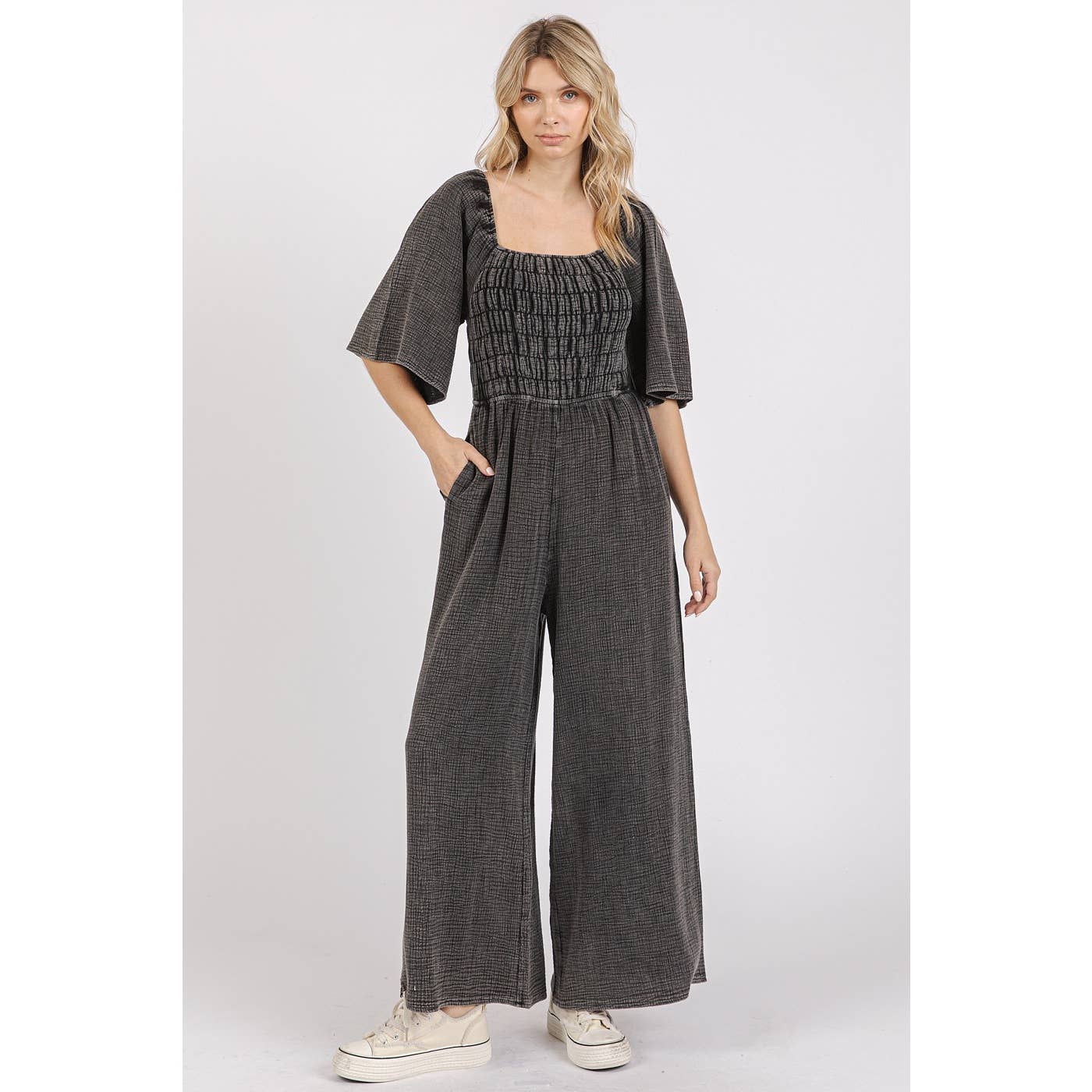 mittoshop - Wholesale Jumpsuit - Women's - MINERAL WASH GAUZE RUCHED WIDE LEG JUMPSUIT9