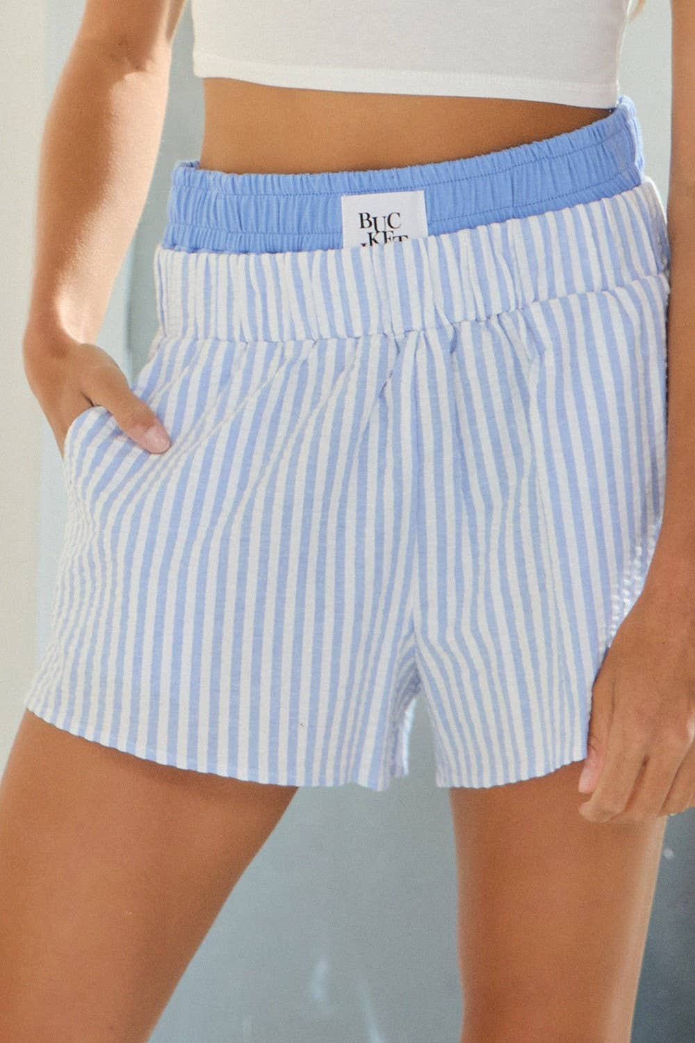 BUCKETLIST INC - Wholesale Shorts - Women's - P5492-1B Waist Double Elastic Banded Boxer Stripe Shorts 17