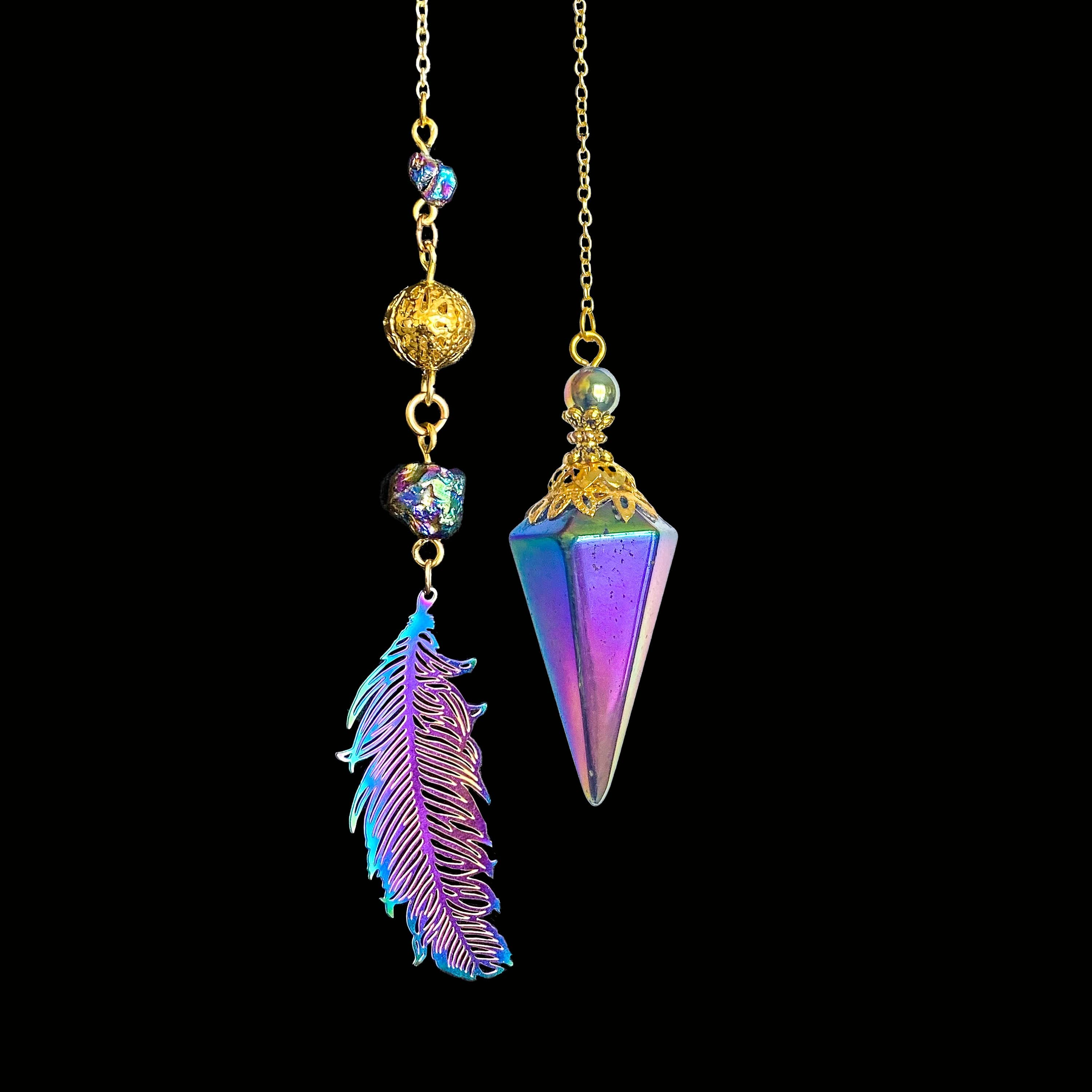 Glorious Healing Crystals – wholesale Spiritual stone/crystal – Titanium Rainbow Aura Quartz Pendulum with Electroplated Fea9