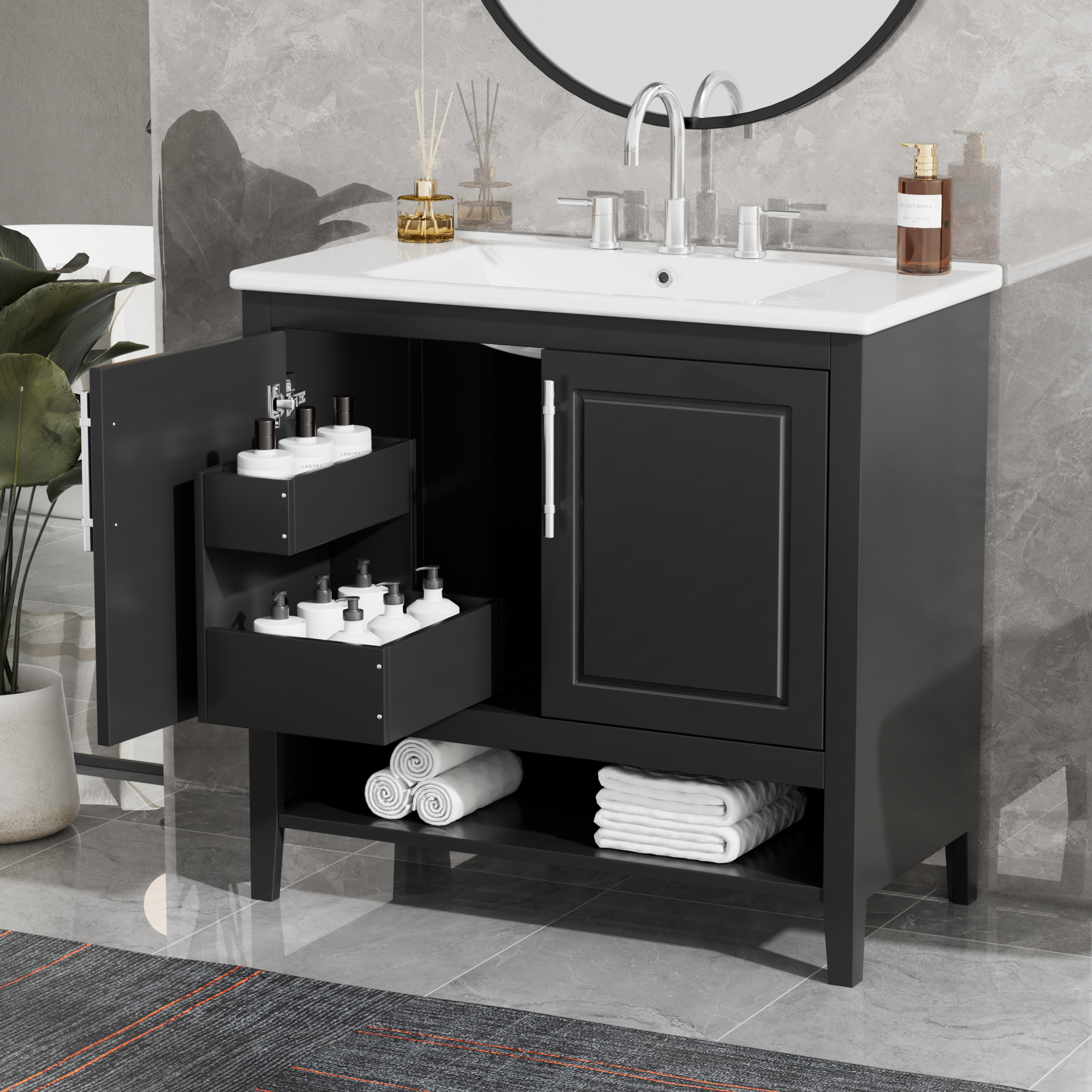 Orange County Decor - Wholesale Cabinet - 36" Bathroom Vanity With Sink, Multi Functional Bathroom Cabinet With Doors And Drawers, Mdf Frame And Mdf Board, Black Black Solid Wood Mdf8