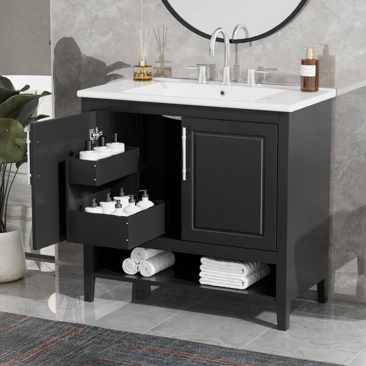 Orange County Decor - Wholesale Cabinet - 36" Bathroom Vanity With Sink, Multi Functional Bathroom Cabinet With Doors And Drawers, Mdf Frame And Mdf Board, Black Black Solid Wood Mdf8