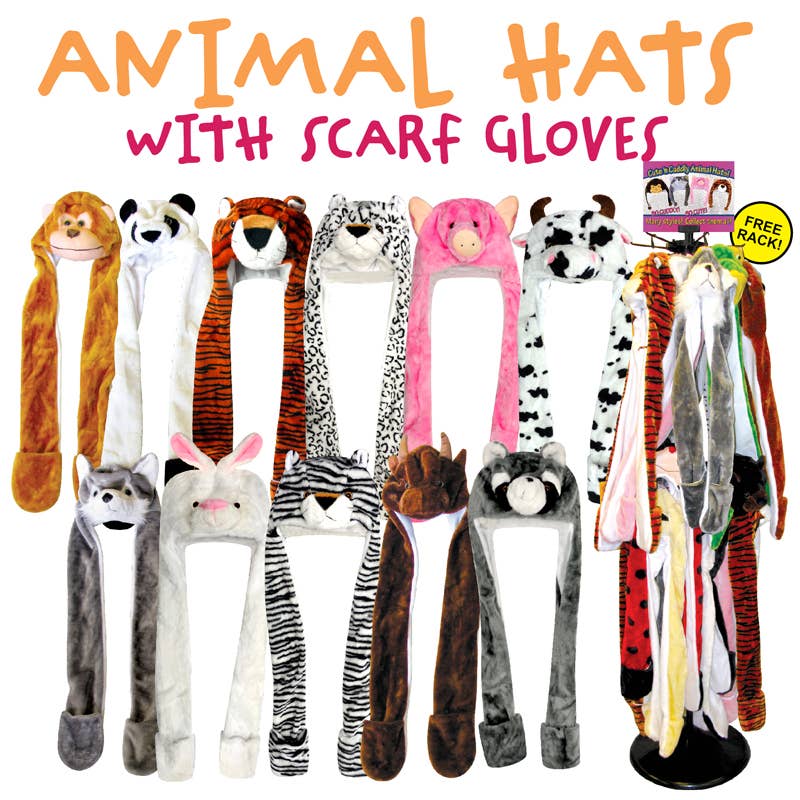 Deluxe Import Trading - Wholesale Beanie - Kids - 72pc Animal Head Hats With Scarf & Gloves Display Rack0