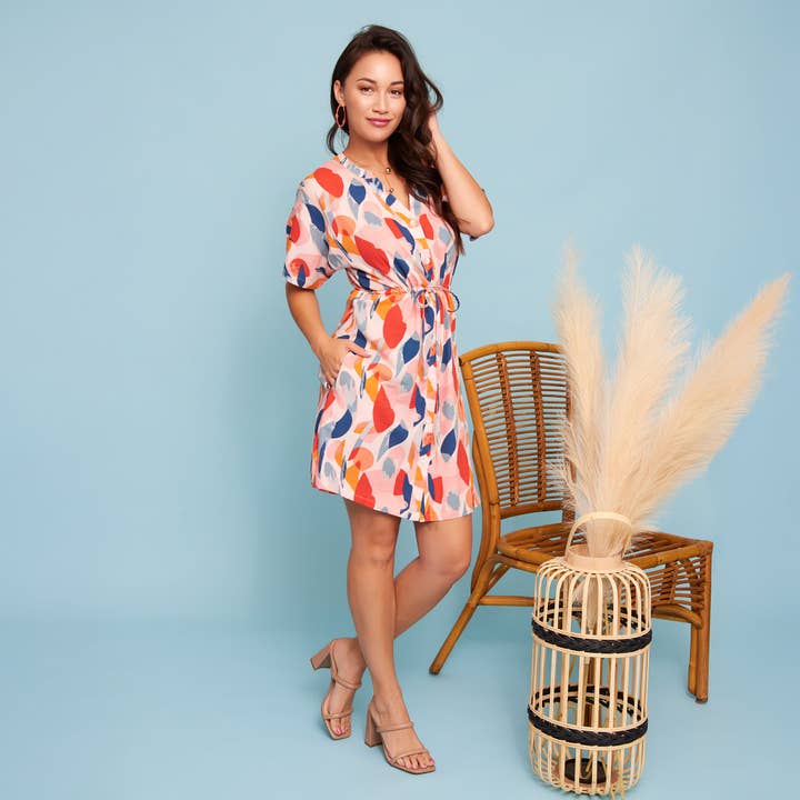 Elsie & Zoey - Wholesale Dress - Women's - Shirt Dress Ayla Short Sleeve V-Neck Tie Waist with Pockets5