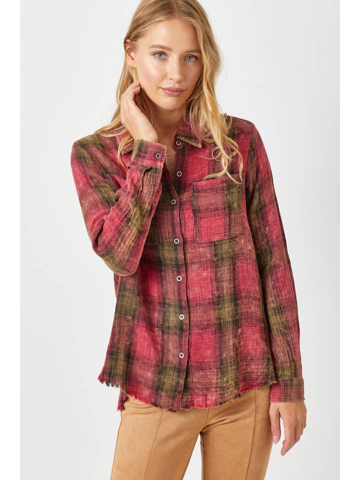 Mystree - Wholesale Button Down Shirt - Women's - 60294 Fringe Bottom Washed Plaid Shirt