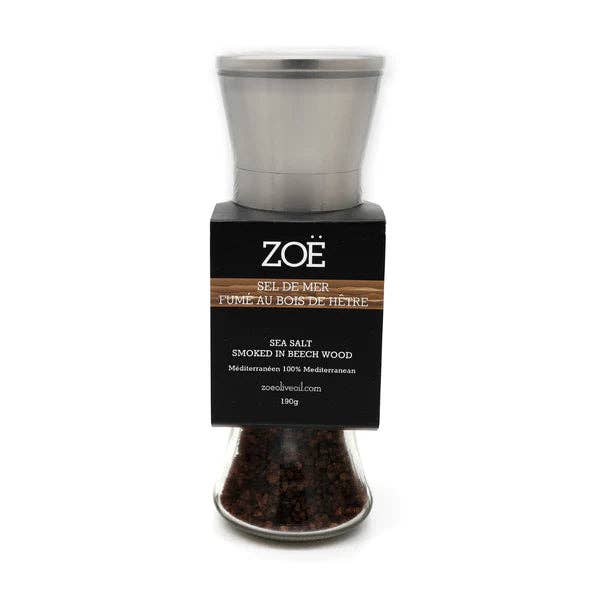 Zoë Olive Oil - Venta al por mayor Molinillos de sal - Sal ahumada de madera de haya, 190 g, en molino de vidrio reutilizable