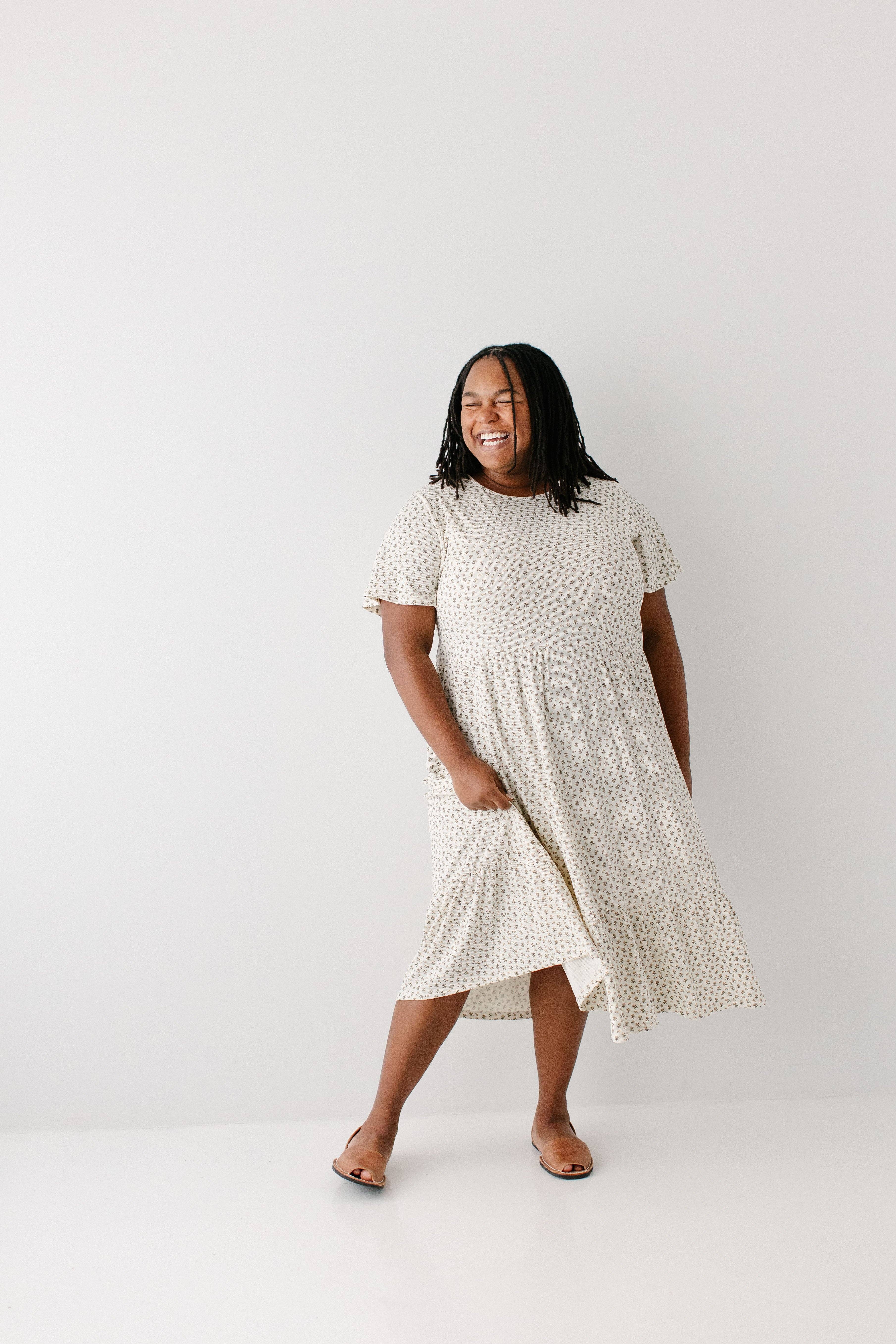 Ivory 'Shiloh' Ditsy Floral Ribbed Midi Dress for wholesale on Faire9