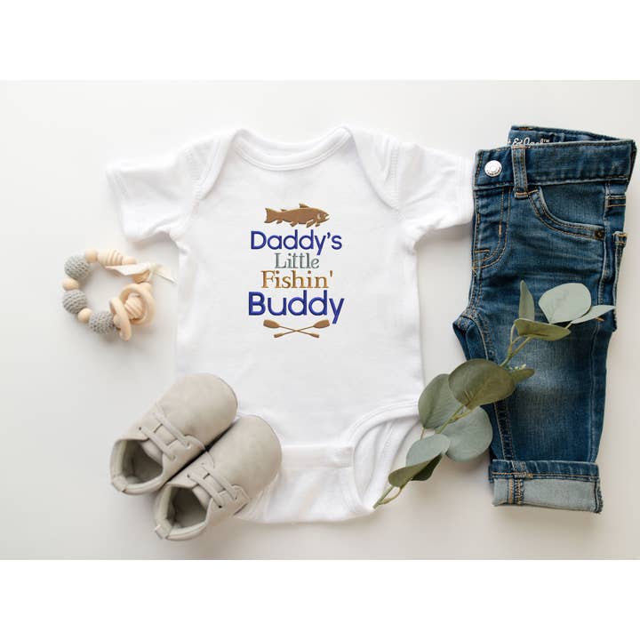 Daddy's Little Fishing Buddy Embroidered Baby Bodysuit for wholesale by Cordelia Rae