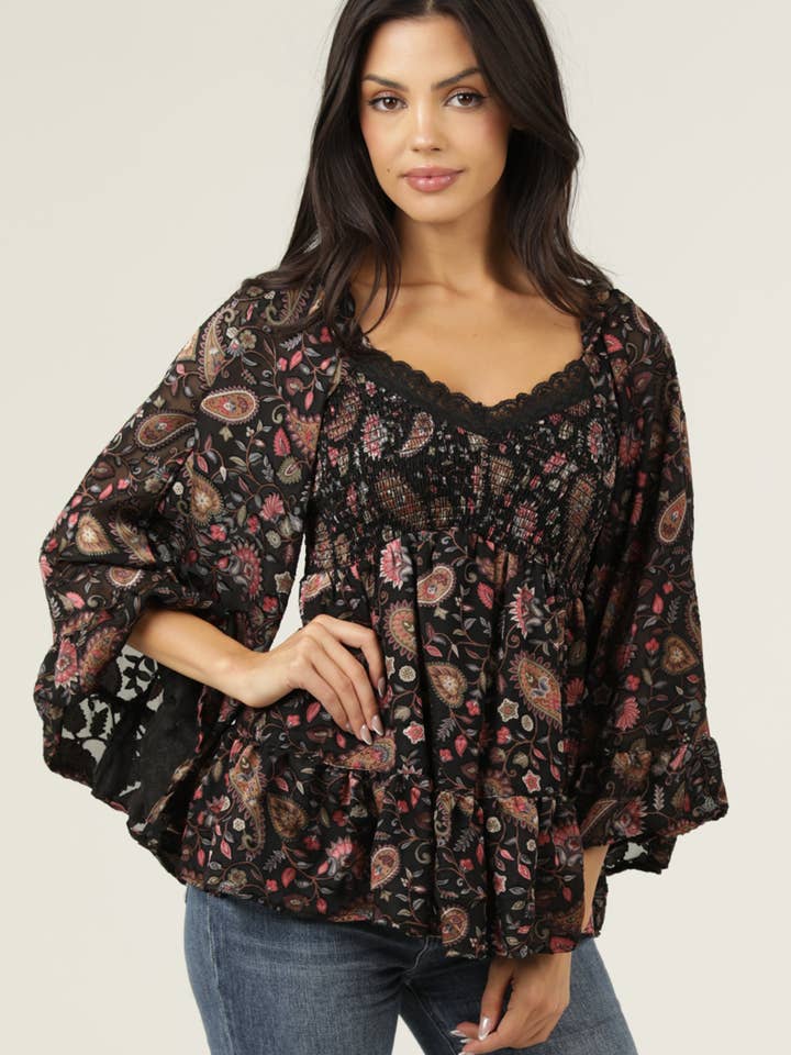 C2E10-SN45 BURNOUT SATIN BELL SLEEVE LACE TRIM BLOUSE for wholesale by ANGIE