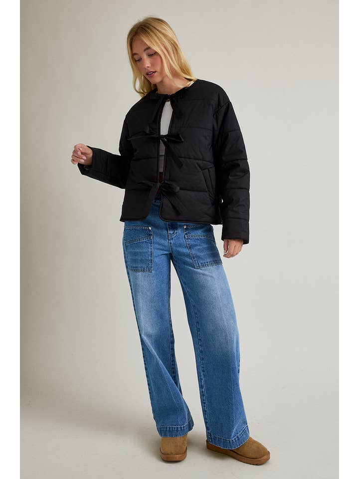Black PUFFER JACKET WITH RIBBON TIE ON THE FRONT for wholesale on Faire4