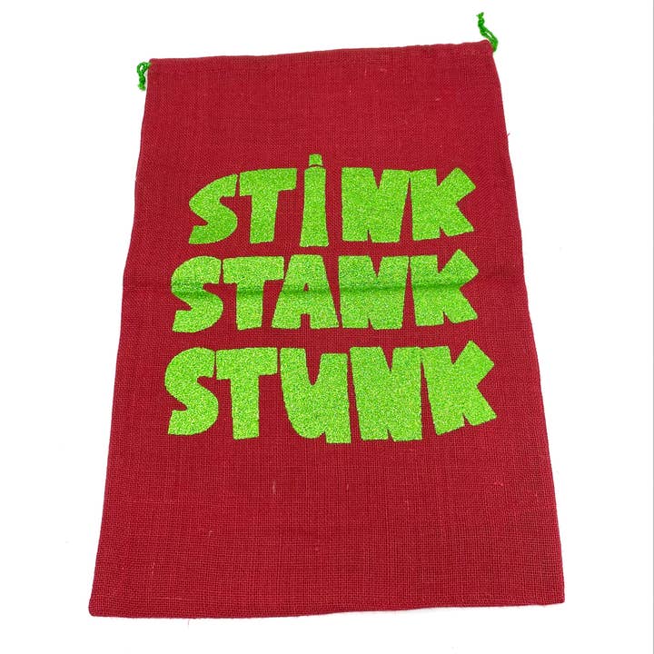 LUX FRAGRANCES - Wholesale Gift Sack - "STINK, STANK, STUNK" GLITTER PRINT IN RED SANTA SACK MIN 6
