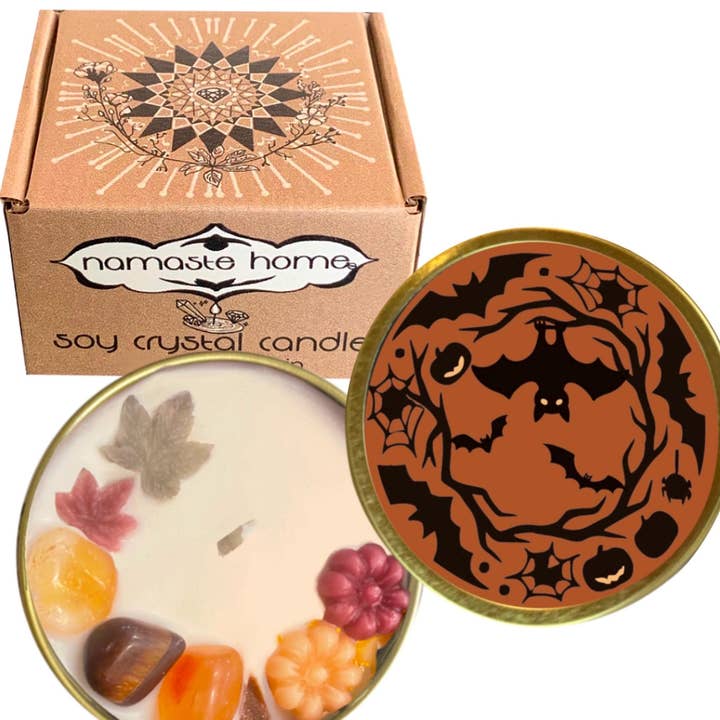 Halloween Travel Tin Candle — Beeswax Pumpkins & Leaves • Chevron Amethyst + Gemstones • Rose + Clove + Spice • Namaste and other Purchase Wholesale what is boxed. Free Returns & Net 60 Terms on Faire trending on Faire.