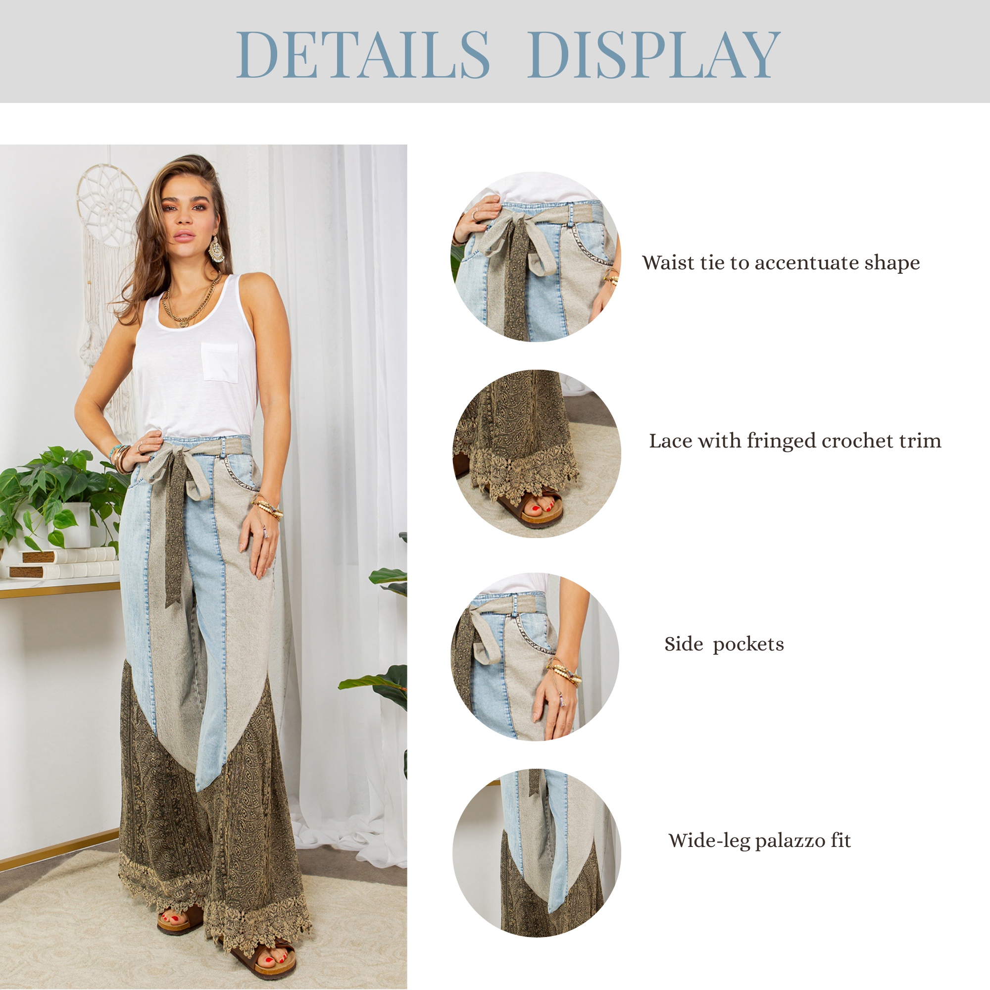 Aqua Wild West Lace Rhapsody Denim Lace Flare Pants for wholesale on Faire7