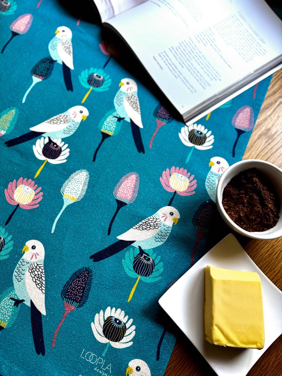 Loopla - Wholesale Tea Towel - Budgie Blooms Cotton Crepe Tea Towel1