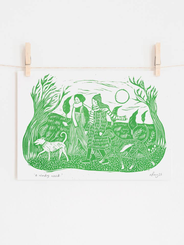 'A Windy Walk' riso print, dog art, autumn dog walk scene for wholesale by Prints by the Bay