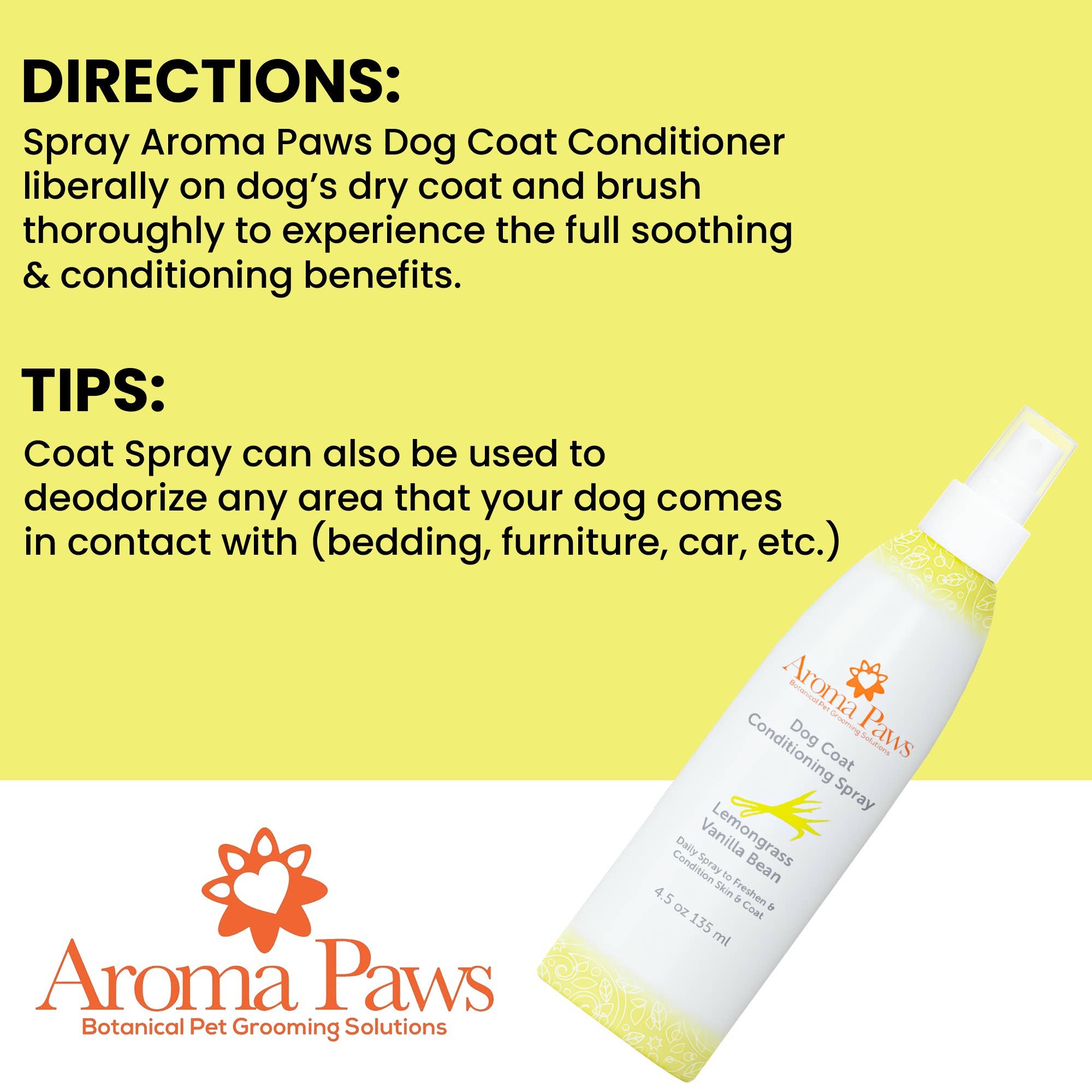 Aroma Paws - Wholesale Pet Spray - Dog - 4.5 Oz. Dog Coat Spray Lemongrass Vanilla Bean7