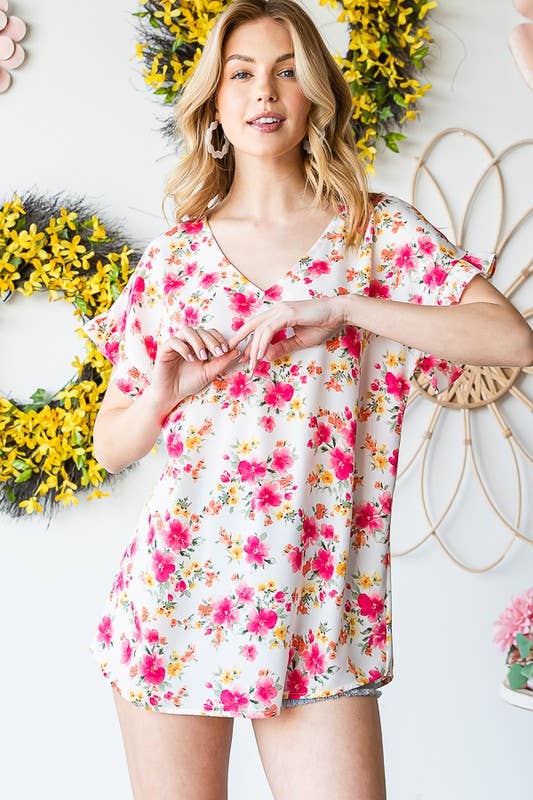 HEIMISH - Vente Chemisier – femme - ET7311-11 HAUT À MANCHES AVEC ENCOLURE EN V VOLANTÉE ET IMPRIMÉ FLORAL7