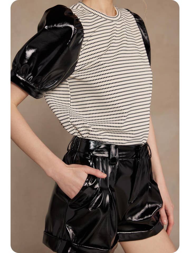 Strut & Bolt - Wholesale Blouse - Women's - Faux Leather Sleeve Texture Knit Tee Top9