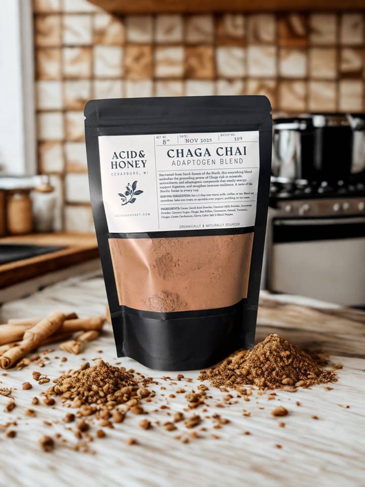 Chaga Chai – Adaptogenic Mushroom Hot Chocolate with Chaga, Cocoa, Bee Pollen & Warming Chai Spices for wholesale by Acid and Honey