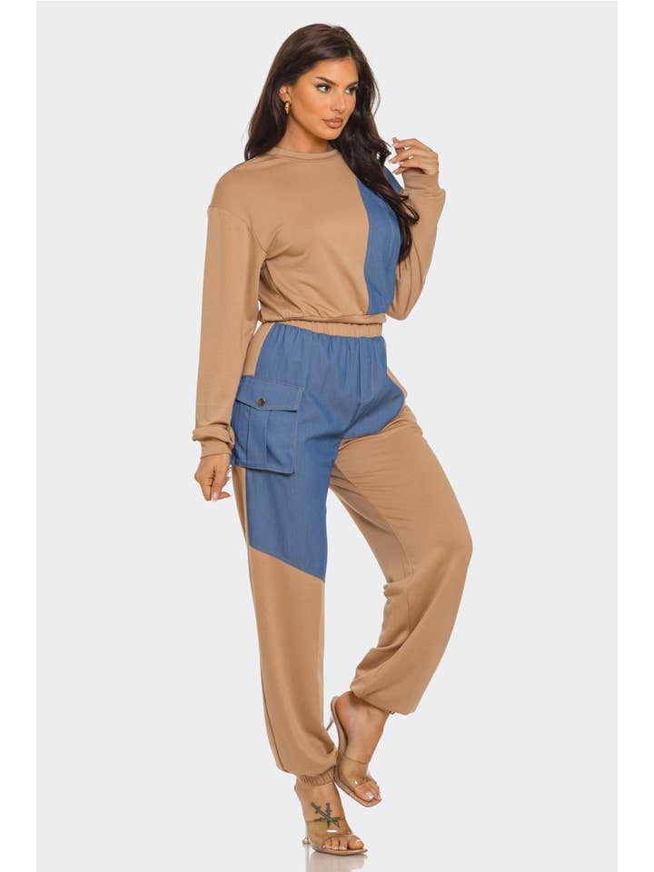 J2 FASHION - Wholesale Top & Pant Set (NOT Loungewear) - Women's - Color Block Contrast Denim band Pants Set2