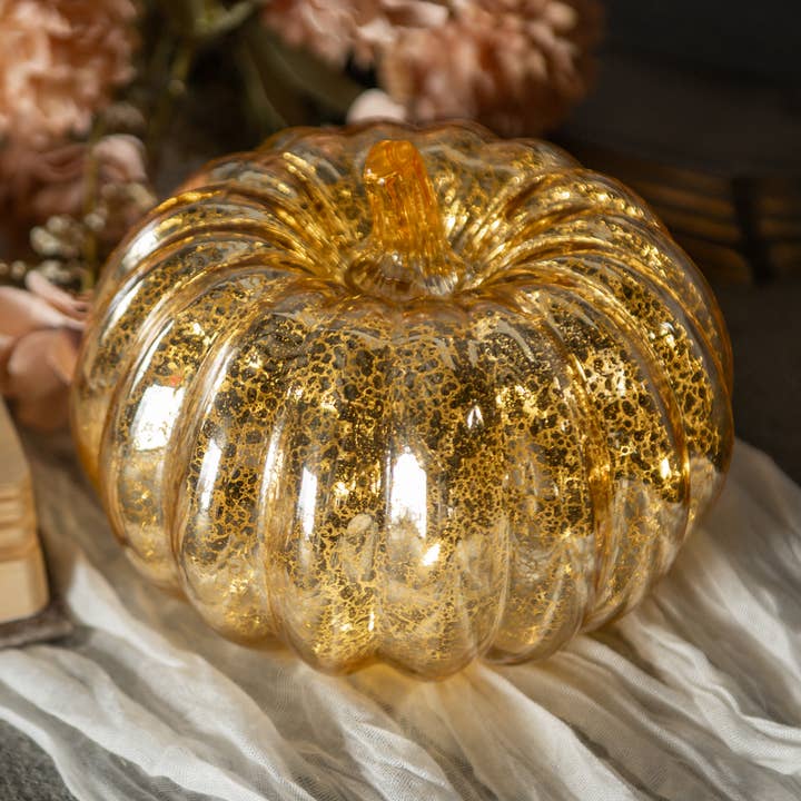Calabaza LED de vidrio craquelado dorado de 5" para venta al por mayor de Ragon House