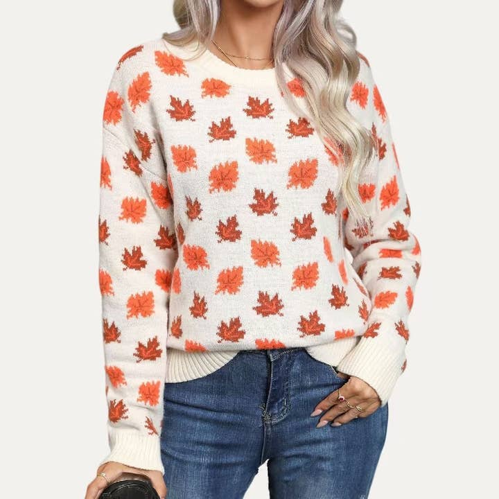 Taste Of Fall gebreide trui met ronde hals en esdoornbladeren voor wholesale door The Moment Collection