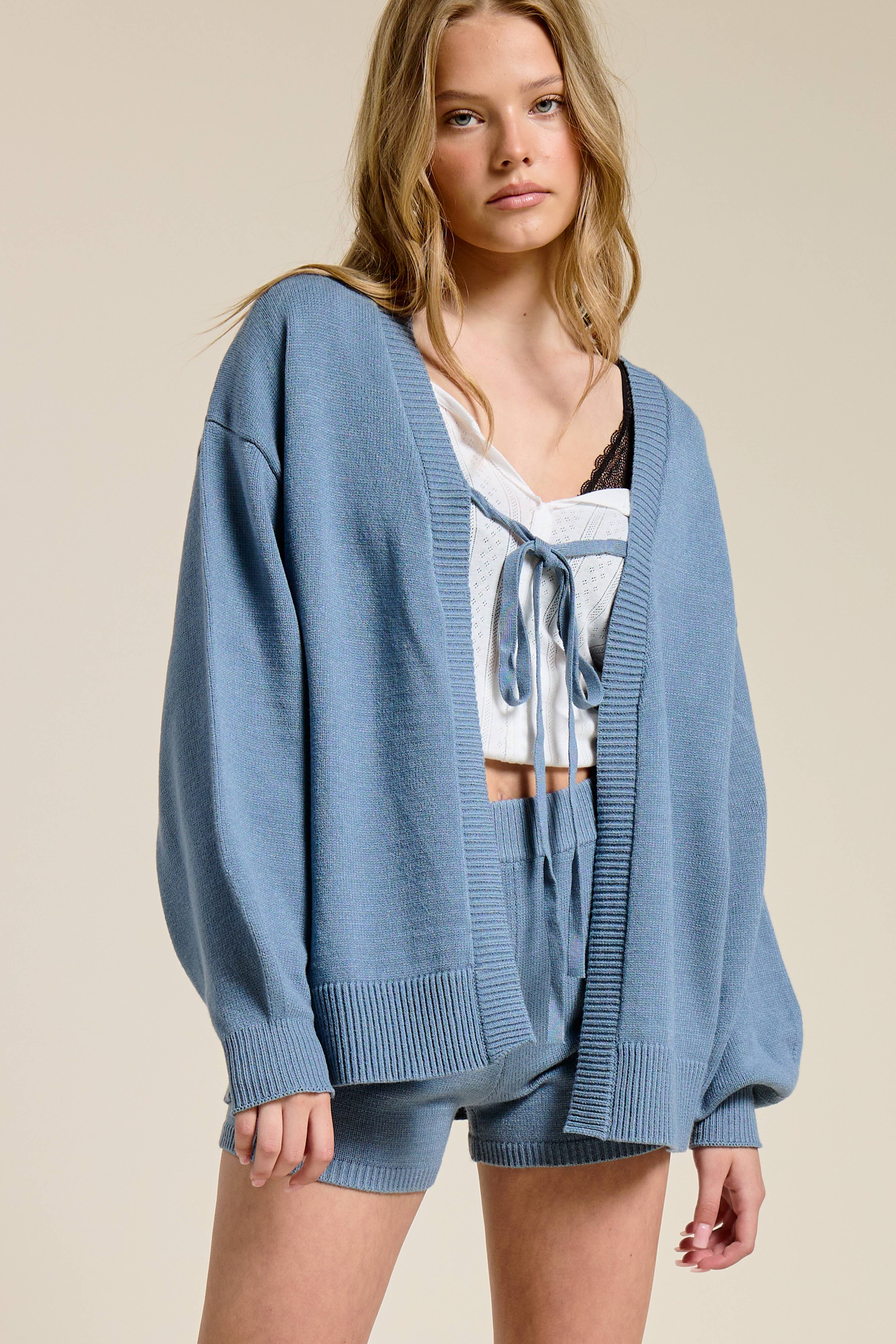 Mimosa - Wholesale Lounge Set - Women's - Self Tie Knit Cardigan and Shorts Lounge Set6