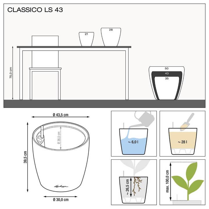 Lechuza Self Watering Planters - Vendita all'ingrosso Vasi per piante - LECHUZA CLASSICO LS Vaso rotondo in poliresina30