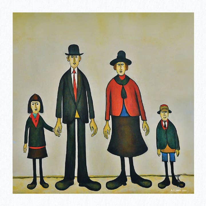 Family Portrait - Giclée Art Print 21cm Square. Appealing Image in the Style Of LS Lowry for wholesale by AI Lowry