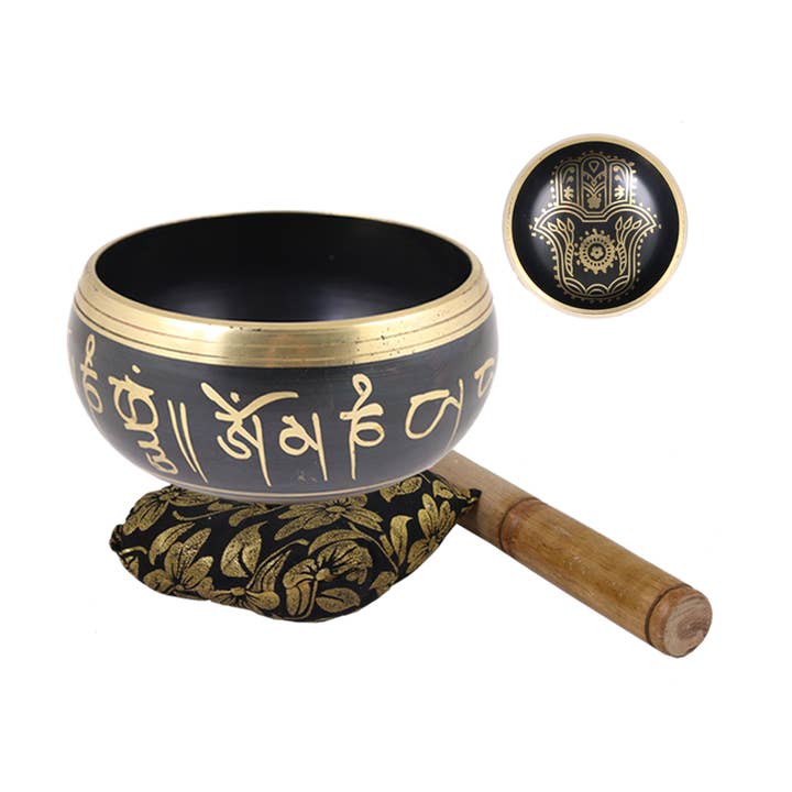 Tibetan Singing Bowl - Hand of Hamsa (Black) for wholesale by Designs by Deekay Inc.