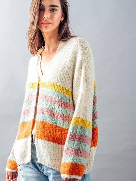 Urban Daizy - Wholesale Cardigan - Women's - SOFT KNIT STRIPED OVERSIZED BISHOP SLEEVE CARDIGAN