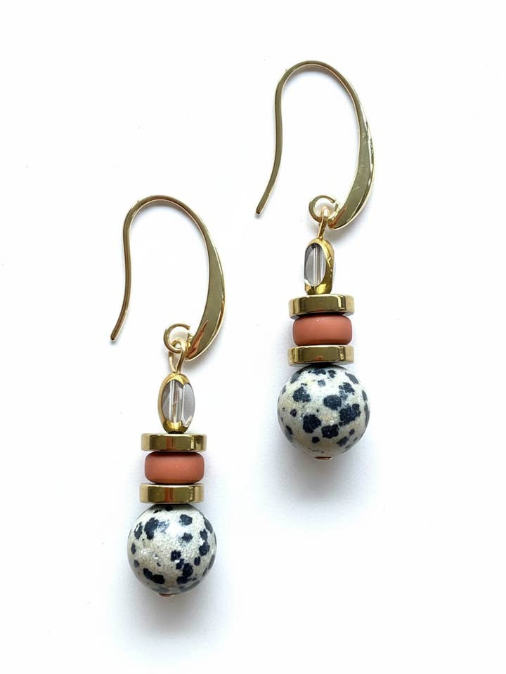 BDLE02 - Dalmatian Jasper & Sandstone barrel Drop Earrings for wholesale by Gist Jewellery