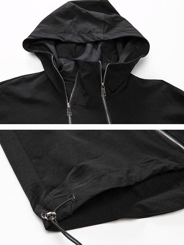 BLACK Fashion Irregularity Loose Solid Color Zipper Hooded Outerwear for wholesale on Faire19