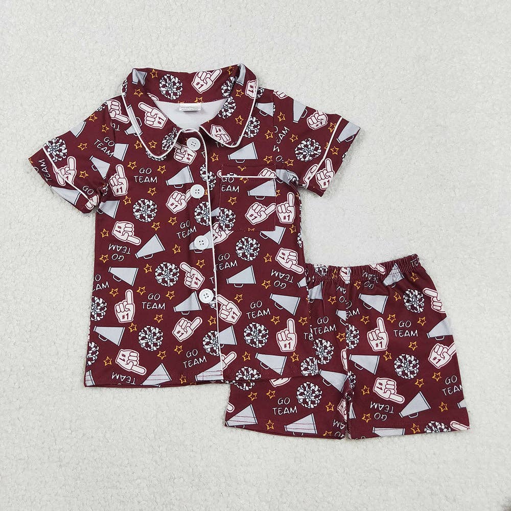 Aier Wholesale - Wholesale Sleepwear Set - Kids - Baby Girls Dark Red Shot Sleeves Team Cheer Button Top Short Pajamas Sets0