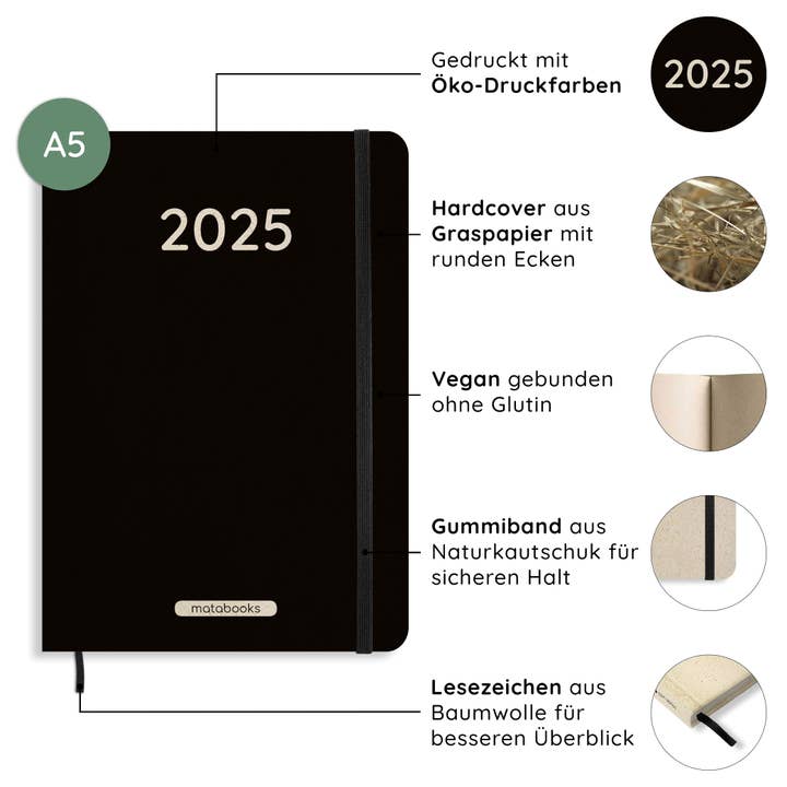 Calendrier A5 durable — Samaya 2025 Couleur : noir pour la vente par matabooks