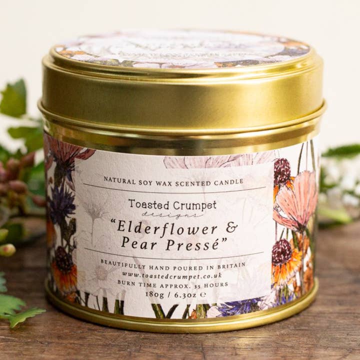 Elderflower & Pear Presse Candle in a Matt Gold Tin for wholesale by Toasted Crumpet