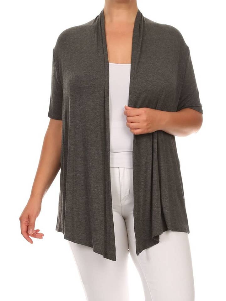 MOA COLLECTION - Wholesale Cardigan - Women's - Women's Plus Size Short Sleeves Draped Solid Cardigan15